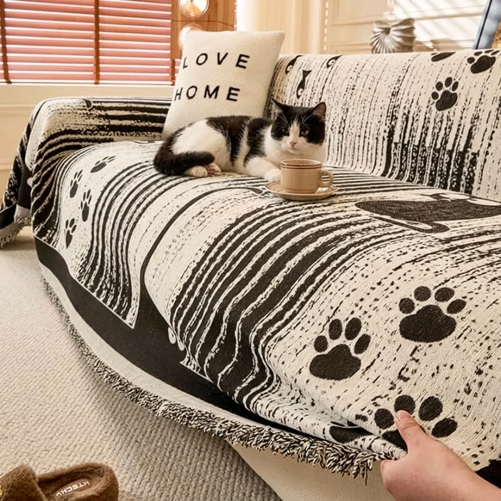 Plaid Canapé Chenille Anti-Griffures – Motif Pattes de Chat