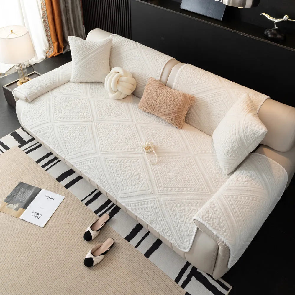 Housse de Canapé en Peluche Sculptée Style Nordique – Antidérapante, Universelle, Protection & Décoration 4 Saisons