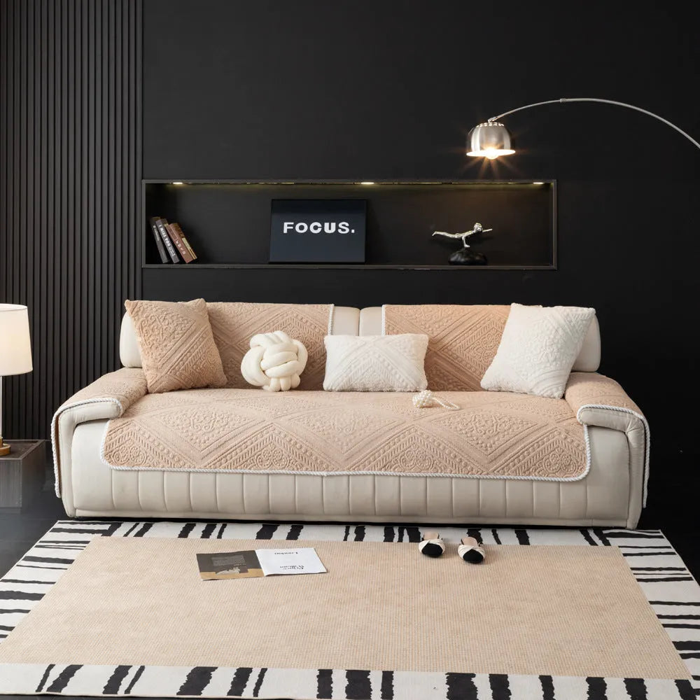 Housse de Canapé en Peluche Sculptée Style Nordique – Antidérapante, Universelle, Protection & Décoration 4 Saisons